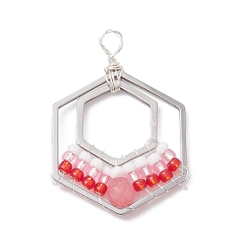Wire Wrapped Natural White Jade & Glass Bead Pendants, 304 Stainless Steel Hexagon Charm