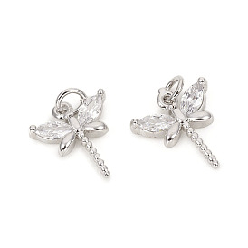 Brass Micro Pave Cubic Zirconia Charms, Cadmium Free & Lead Free, with Jump Rings, Cadmium Free & Lead Free, Dragonfly, Clear