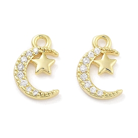 Brass Micro Pave Clear Cubic Zirconia Pendants, Moon with Star