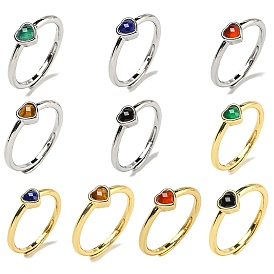 Heart Natural Gemstone Adjustable Rings, Brass Ring for Women, Long-Lasting Plated, Lead Free & Cadmium Free