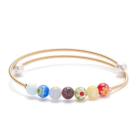 Bracelet manchette en perles rondes en verre millefiori fait à la main avec perle, bracelet torque en cuivre plaqué or pour femme