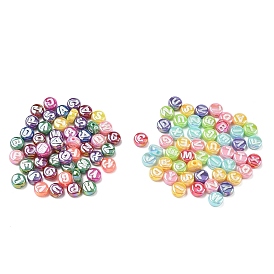 Plating Opaque Acrylic Beads, Iridescent, Flat Round with Letter