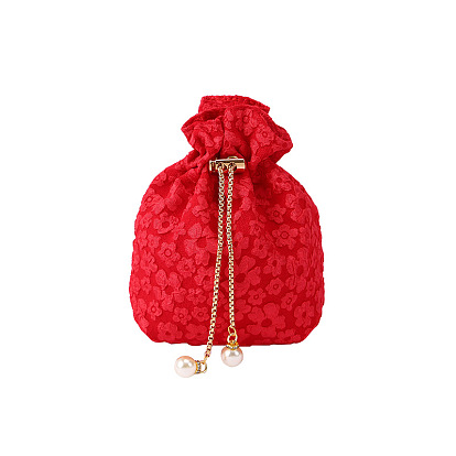Fiber Embossed Flower Drawstring Candy Bags, with Chain, Wedding Candy Cloth Pouches, Square
