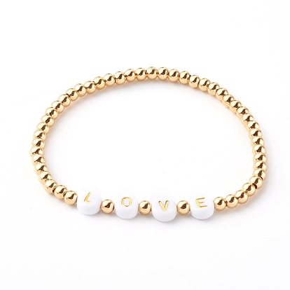 Round Brass Stretch Beaded Bracelets, for Valentine's Day, with Acrylic Letter Beads, Word Love, Golden
