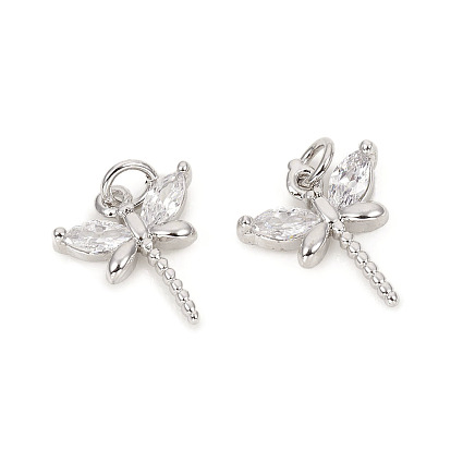 Brass Micro Pave Cubic Zirconia Charms, Cadmium Free & Lead Free, with Jump Rings, Cadmium Free & Lead Free, Dragonfly, Clear