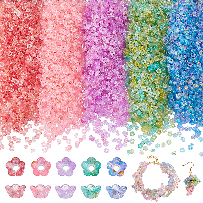 1000pcs 4capuchons de perles en acrylique transparent de couleurs, fleur, avec de la poudre de paillettes