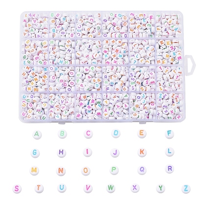 Alphabet Acrylic Beads, Horizontal Hole, Flat Round, Mixed Color, Letter A~Z