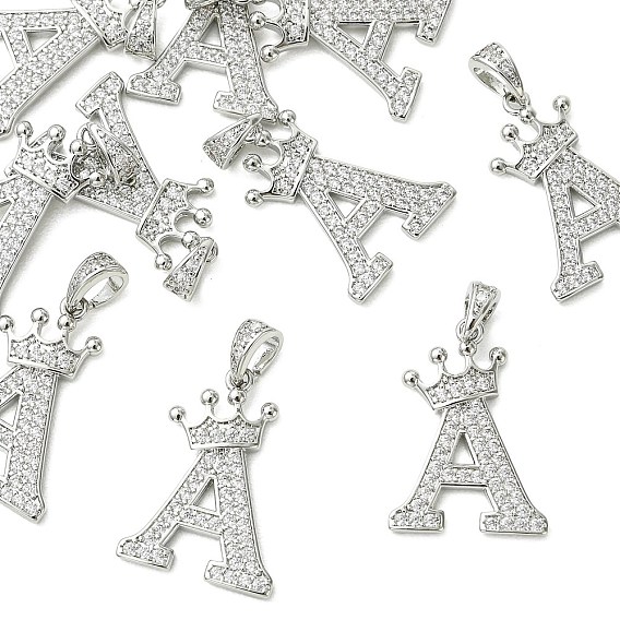 SHEGRACE Brass Micro Pave Clear Cubic Zirconia Pendants, Letter A with Crown Charms, Cadmium Free & Lead Free & Nickel Free