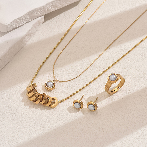 201 Серьги-гвоздики из нержавеющей стали и искусственного жемчуга, а также комплекты из двойных ожерелий и колец для повседневной женской одежды