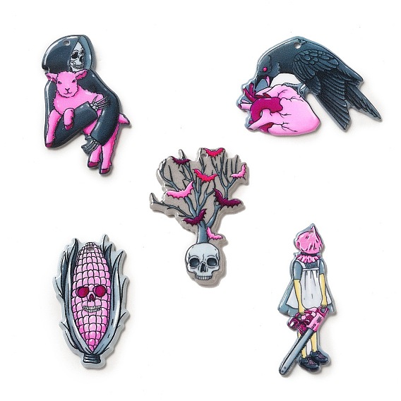 Halloween Printed Acrylic Pendants, Corn/Bat/Heart/Girl/Goat Charm