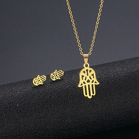 304 Stainless Steel Hamsa Hand Stud Earrings and Pendant Necklace, Jewelry Set for Mother's Day
