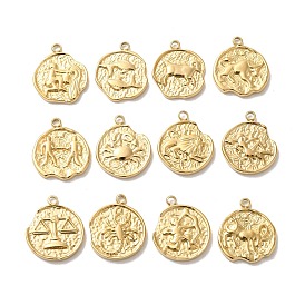 304 Stainless Steel Pendants, Textured Flat Round with Twelve Constellations Charm