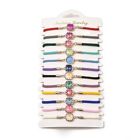 12Pcs 12 Colors Polyester Bracelets, Brass Glass Links Jewelry for Women, Square