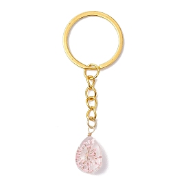 Porte-clés pendentif en verre, avec fleurs séchées à l'intérieur et découvertes en laiton, larme