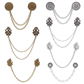 Ahademaker плоские круглые и цветочные и листовые булавки со стразами, брошь из сплава с железными подвесками на длинных цепочках для воротника рубашки костюма