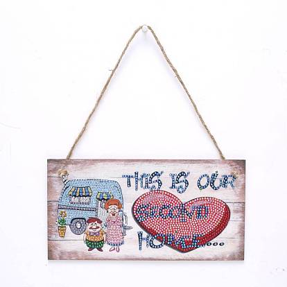 DIY Wall Decor Sign Diamond Painting Kits, Rectangle Wood Board & Heart with Word THIS IS OUR SECOND HOME, with Acrylic Rhinestone, Pen, Tray Plate, Glue Clay and Hemp Rope