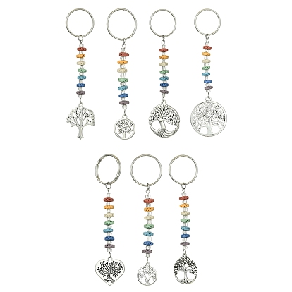 7Pcs Chakra Natural Lava Rock & Alloy Tree of Life Pendant Keychain Kit, with Iron Split Key Rings