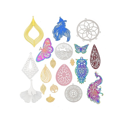Stainless Steel Etched Metal Embellishments Pendants, Mixed Shapes