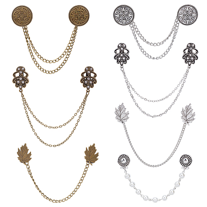 Ahademaker плоские круглые и цветочные и листовые булавки со стразами, брошь из сплава с железными подвесками на длинных цепочках для воротника рубашки костюма