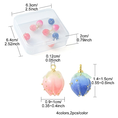 8Pcs 4 Colors Handmade Flower Bud Epoxy Resin Charms, with Brass Peg Bails and Glass Micro Beads, Golden