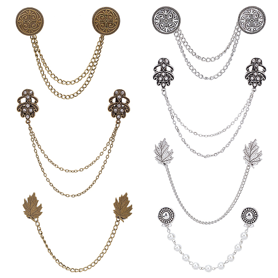 Ahademaker плоские круглые и цветочные и листовые булавки со стразами, брошь из сплава с железными подвесками на длинных цепочках для воротника рубашки костюма