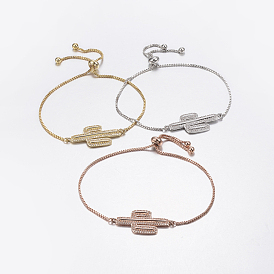 Adjustable Brass Micro Pave Cubic Zirconia Bolo Bracelets, Slider Bracelets, with Brass Box Chains, Cactus