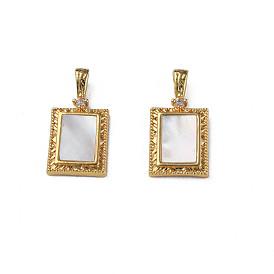 Brass Micro  Pave Clear Cubic Zirconia Pendants, with  Natural Shell, Real 18K Gold Plated, Nickel Free, Rectangle