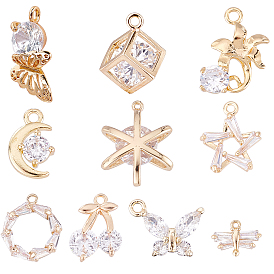 10Pcs 10 Style Brass Micro Clear Cubic Zirconia Charms, Faceted, Long-Lasting Plated, Mixed Shapes
