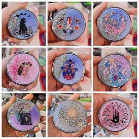 Sequin Quicksand Plastic Foldable Mirrors, with Glass Mirror Surface, Hamsa Hand/Moon/Cat Pattern Round Compact Pocket Mirror for Wiccan