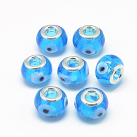 Handmade Evil Eye Lampwork European Beads, with Brass Double Cores, Large Hole Beads, Rondelle, Platinum