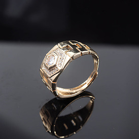 Adjustable Wide Band Men's Ring with Copper Plated Real Gold and Micro Pave Zirconia