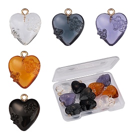 10Pcs 5 Colors Transparent & Opaque Resin Pendants, with Golden Tone Iron Loops, Heart with Flower