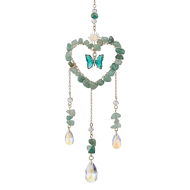 Natural Green Aventurine Chip & Brass Heart Hanging Ornaments, Glass Teardrop Tassel for Home Decorations