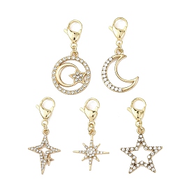 5 шт. подвесные украшения из сплава со стразами в виде звезд и луны, с 304 из нержавеющей стали Lobster Claw застежками