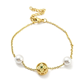 Brass Flower & Plastic Pearl Beaded Bracelet, with Ion Plating(IP) 304 Stainless Steel Chains, Long-Lasting Plated