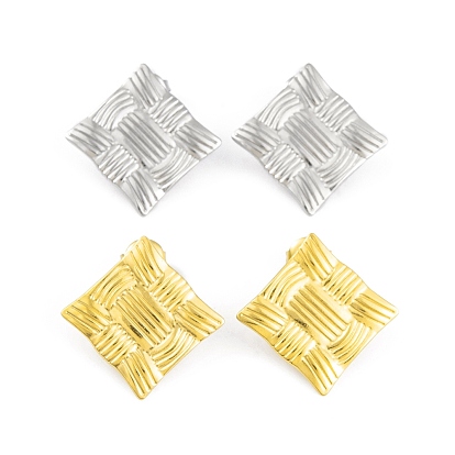 Ion Plating(IP) 304 Stainless Steel Stud Earrings for Women, Texture Rhombus