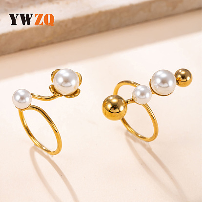 304 Stainless Steel Cuff Open Rings, with Imitation Pearl