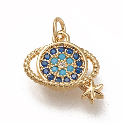 Brass Micro  Pave Cubic Zirconia Pendants, with Jump Rings, Planet, Blue