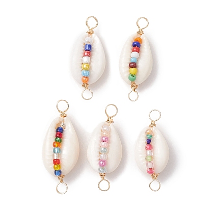 Natural Shell Connector Charms, Colorful Glass Seed Bead Copper Wire Wrapped Links, Golden