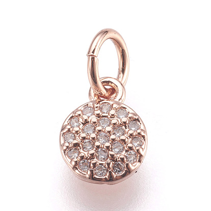 Brass Micro Pave Cubic Zirconia Charms, Lead Free & Cadmium Free, Flat Round
