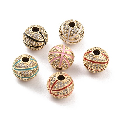 Настоящие 18 позолоченные латунные бусины из прозрачного кубического циркония с микропаве, с эмалью, без кадмия, без никеля и без свинца, баскетбол