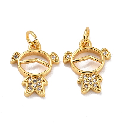Brass Micro Pave Clear Cubic Zirconia Charms, with Jump Ring, Girl