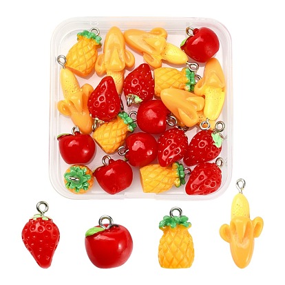 20Pcs 4 Style Resin Pendants, with Platinum Tone Iron Loop, Imitation Food, Apple & Banana & Pineapple & Strawberry
