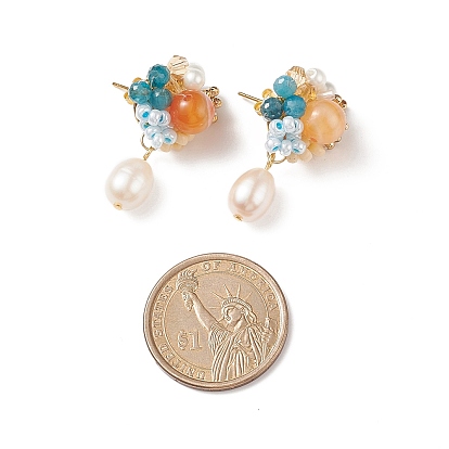 Natural Carnelian & Apatite Beaded Flower with Shell Pearl Dangle Stud Earrings, 304 Stainless Steel Braided Bead Jewelry for Women