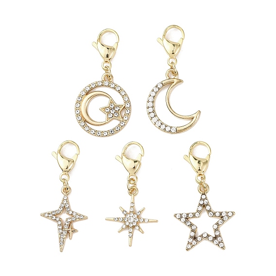 5 шт. подвесные украшения из сплава со стразами в виде звезд и луны, с 304 из нержавеющей стали Lobster Claw застежками