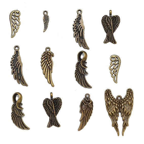 Tibetan Style Alloy Pendants, Wing, 16~55x5~30x2~4.5mm, Hole: 1~4mm