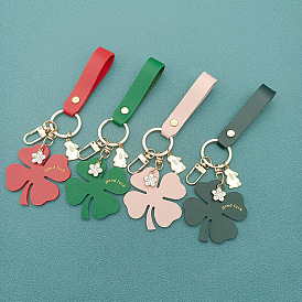 Imitation Leather Keychain, with Alloy Pendant and Findings, Clover & Rabbit & Flower