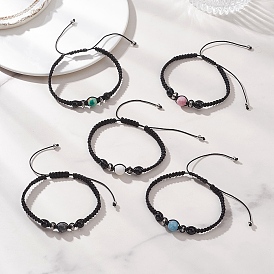 Круглые браслеты из натуральных бусин, смешанных с драгоценными камнями, плетеные для женщин., с плетеной нейлоновой нитью и 304 бусинами из нержавеющей стали