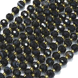 Нити бусин из натурального полосатого черного агата, с бисером, граненые, фонарь