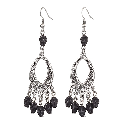 2 paires de boucles d'oreilles pendantes en laiton, avec crâne en turquoise synthétique et pendentifs en alliage, argent antique